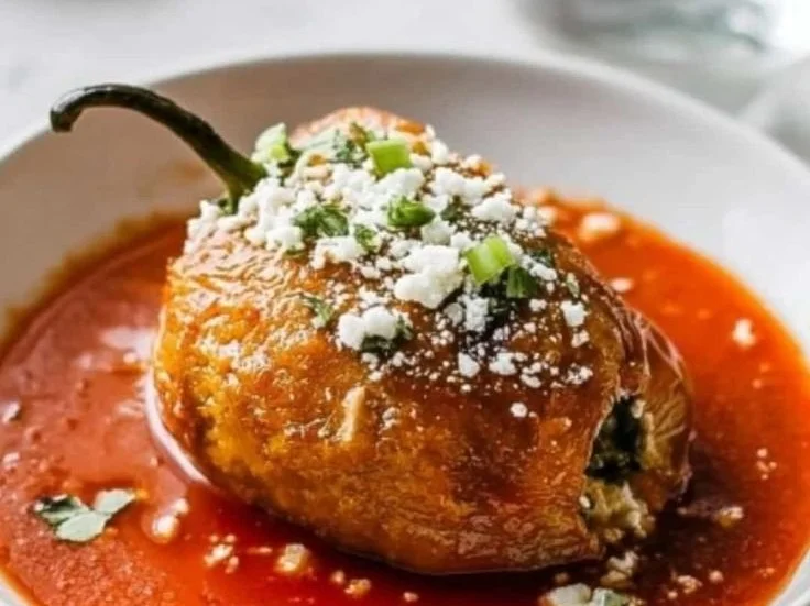 Crispy chile relleno topped with spicy salsa, served on a plate