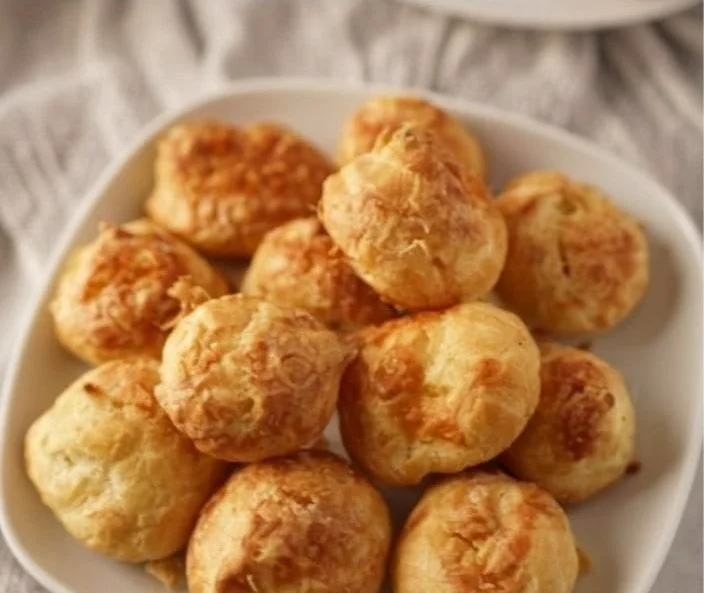 Homemade crispy French cheese puffs (gougères) on a serving plate