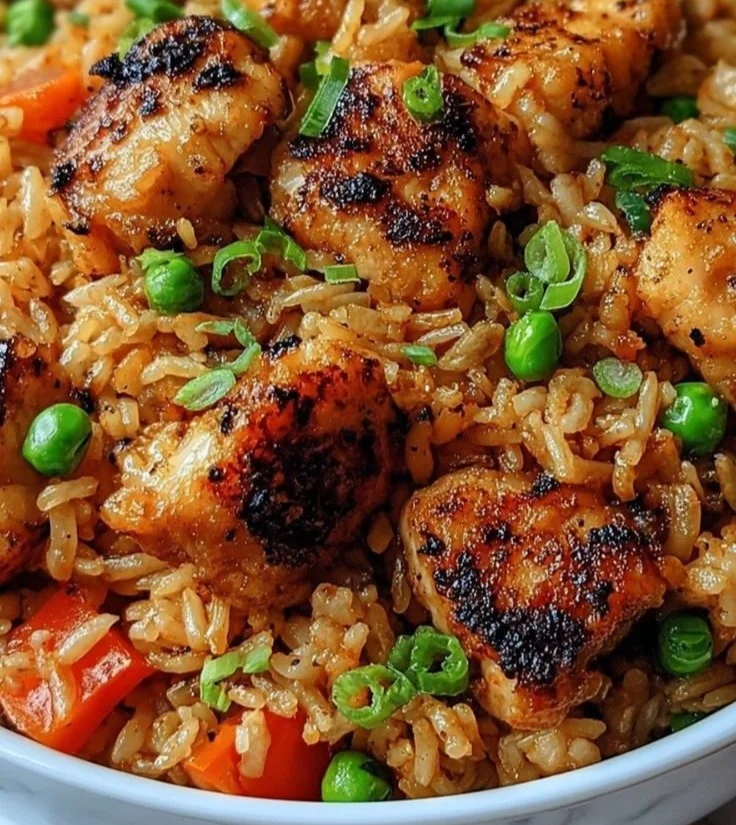 Delicious crispy garlic chicken fried rice served in a bowl