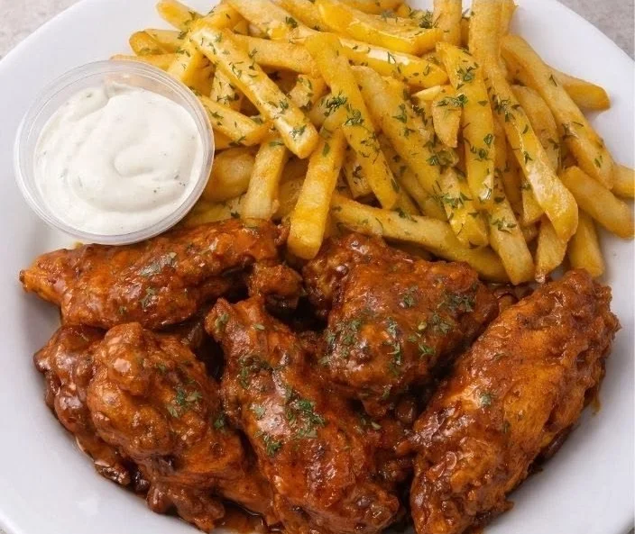 Crispy Honey Buffalo Wings served with Garlic Butter Fries