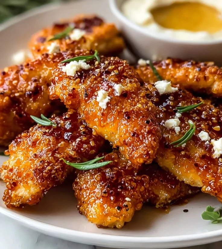 Crispy Hot Honey Feta Chicken garnished with herbs and drizzled with honey