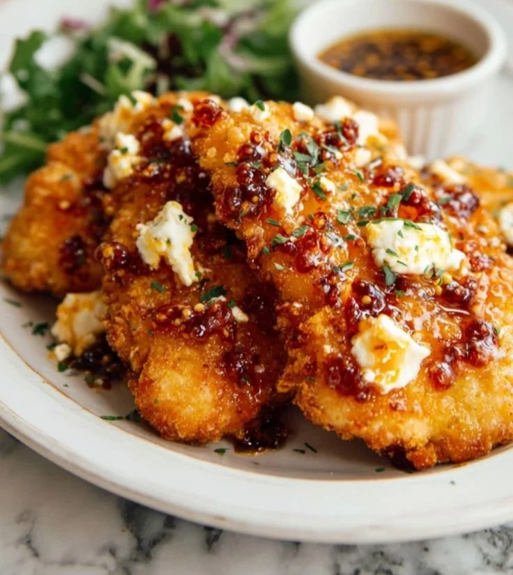 Crispy hot honey feta chicken served with herbs and spices