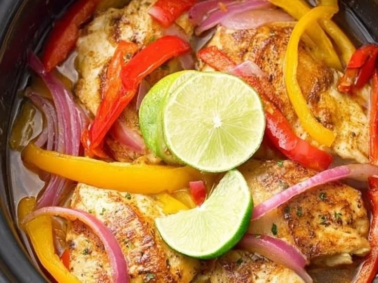 Delicious Crockpot Chicken Fajitas served with toppings