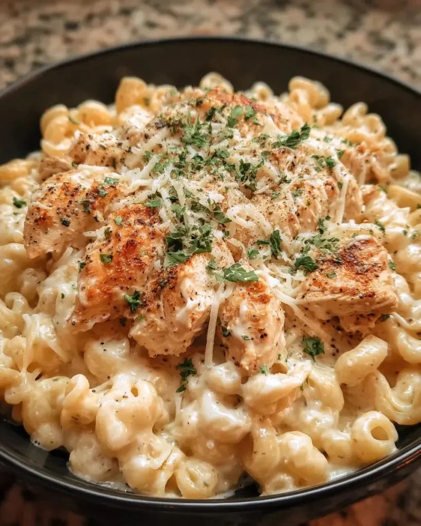 Delicious Crockpot Garlic Parmesan Chicken Pasta in a creamy sauce.