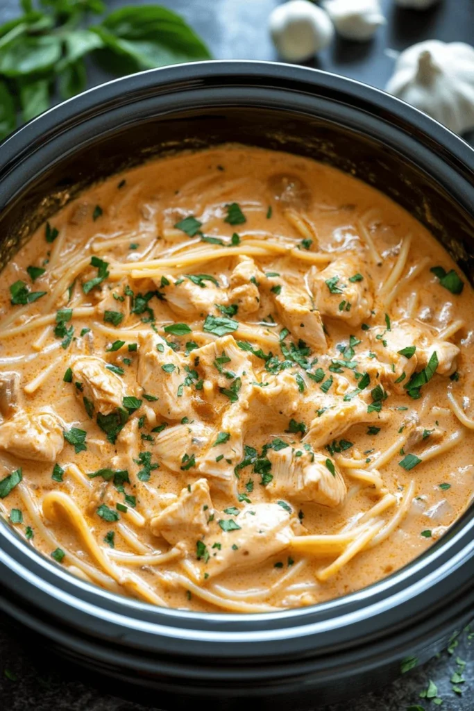 Crockpot Marry Me Chicken Pasta dish garnished with herbs and cheese