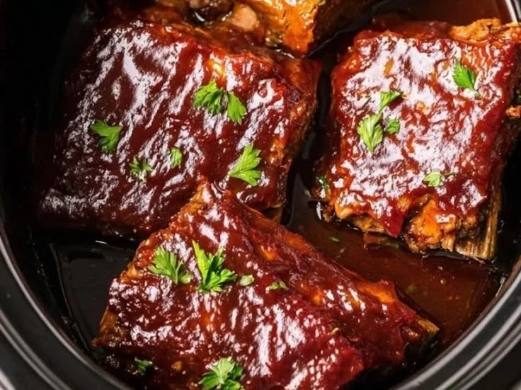 Delicious Crockpot Ribs glazed with Sweet BBQ Sauce ready to serve.