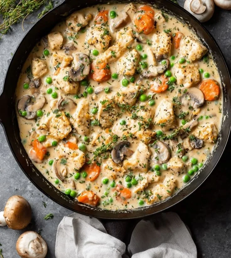 Crustless Chicken Pot Pie Skillet garnished with parsley in a cast-iron pan
