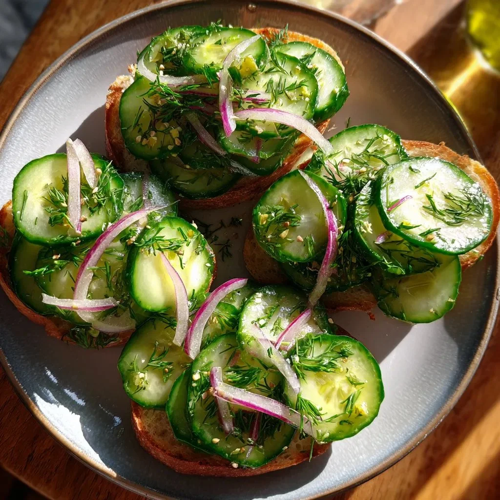 Cucumber salad sandwiches served on a wooden platter with fresh herbs.