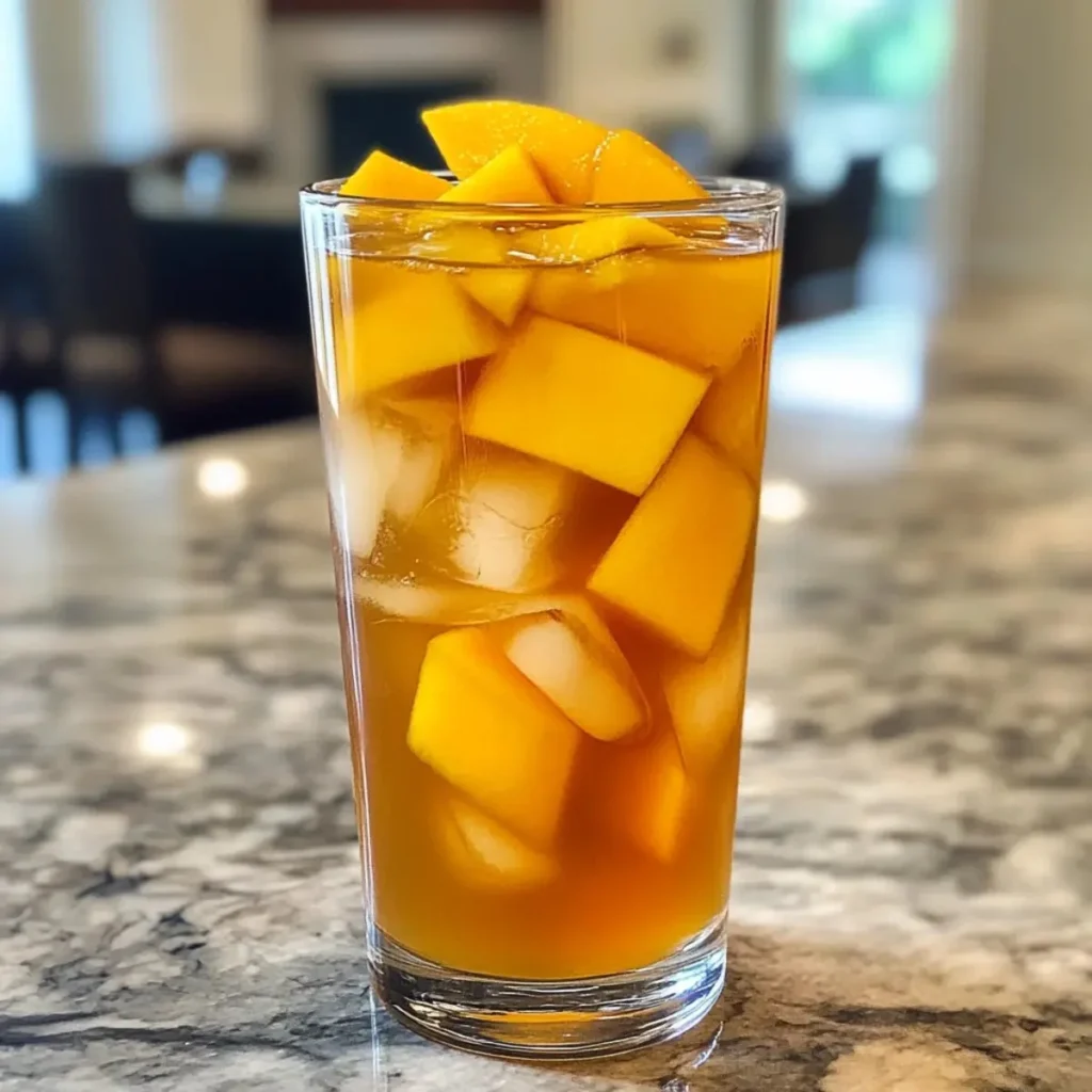 Glass of delicious mango iced tea served with fresh mango slices and ice