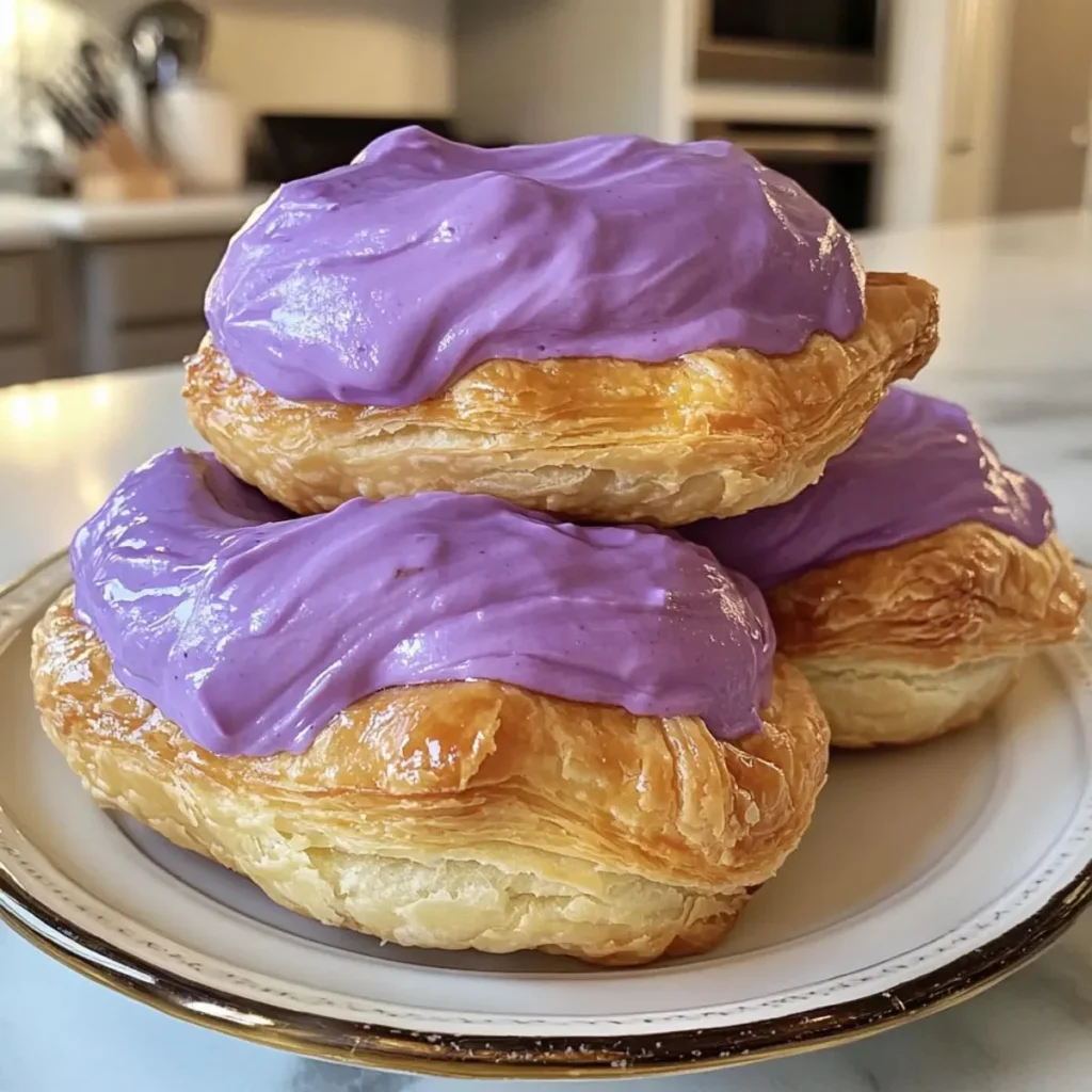 Delicious ube cream puffs filled with purple yam cream and dusted with powdered sugar.