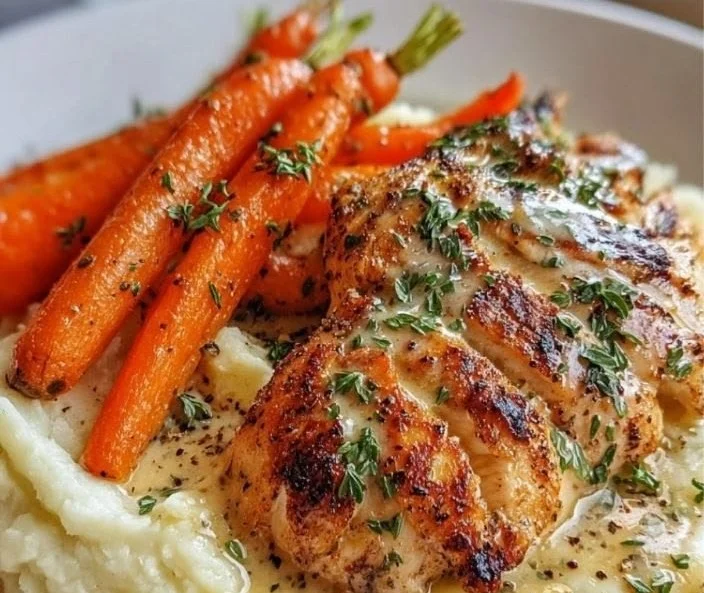 Creamy herb chicken dish served with buttery mashed potatoes and glazed carrots