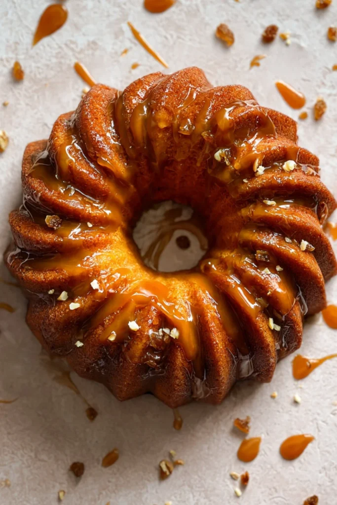 Dried Fruit and Caramel Bundt Cake with a moist texture and luscious caramel glaze