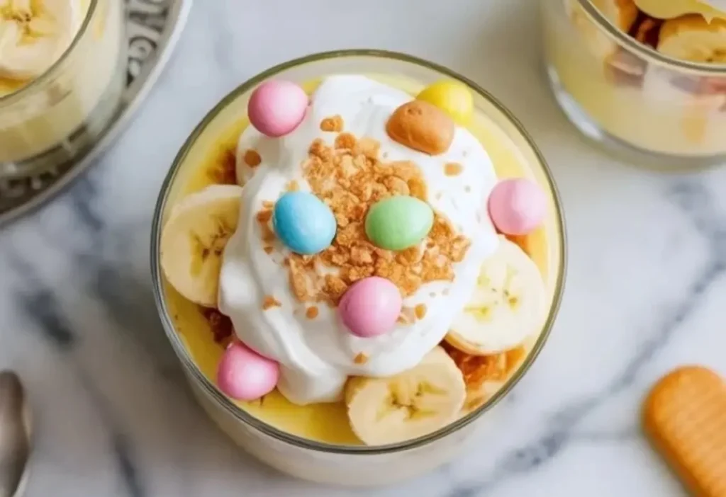 Easter Banana Pudding Cups served in colorful dishes