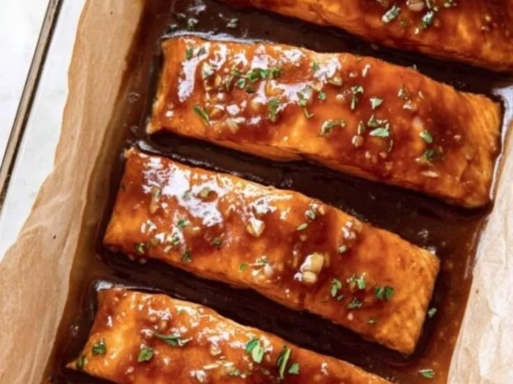 Delicious easy baked salmon with honey soy glaze on a plate