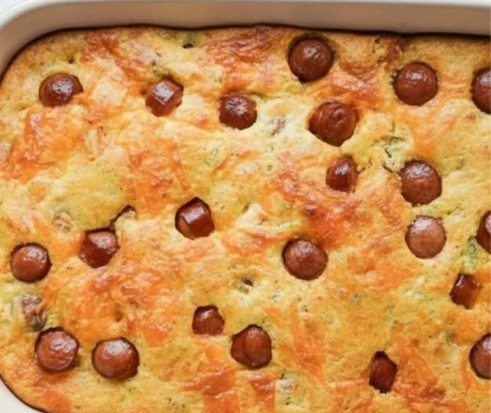 Delicious easy corn dog casserole served in a dish for family dinner