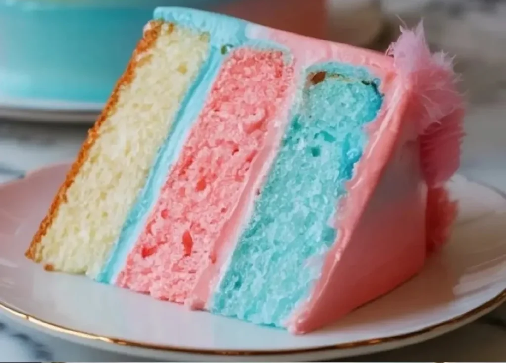 Delicious easy cotton candy cake topped with colorful cotton candy