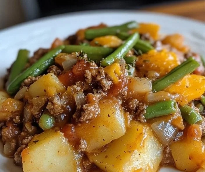Easy hobo casserole served in a bowl, showcasing layers of hearty ingredients.