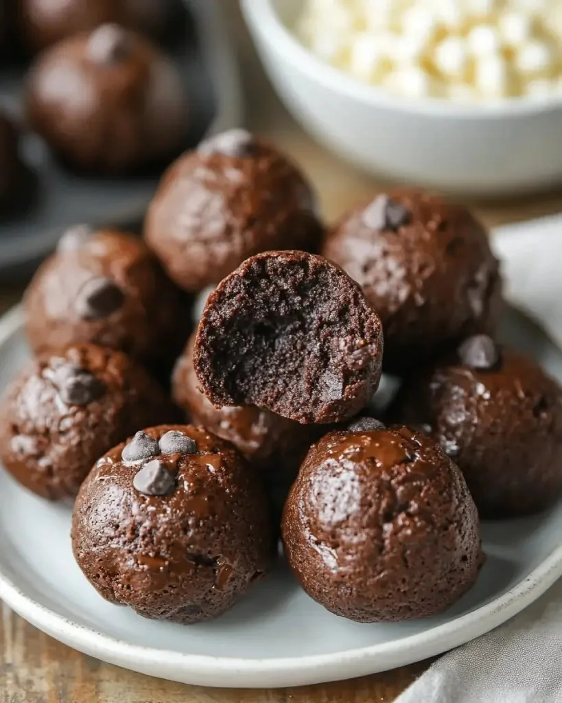 Fudgy cottage cheese brownie bites on a plate, a healthy dessert option.