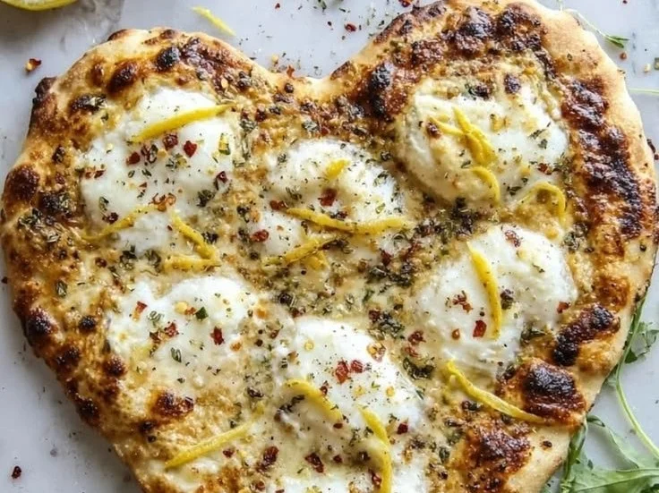 Garlic bread crust white pizza topped with cheese and herbs