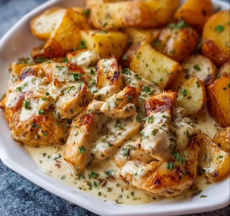 Delicious Garlic Cheesy Chicken and Potatoes dish served on a plate