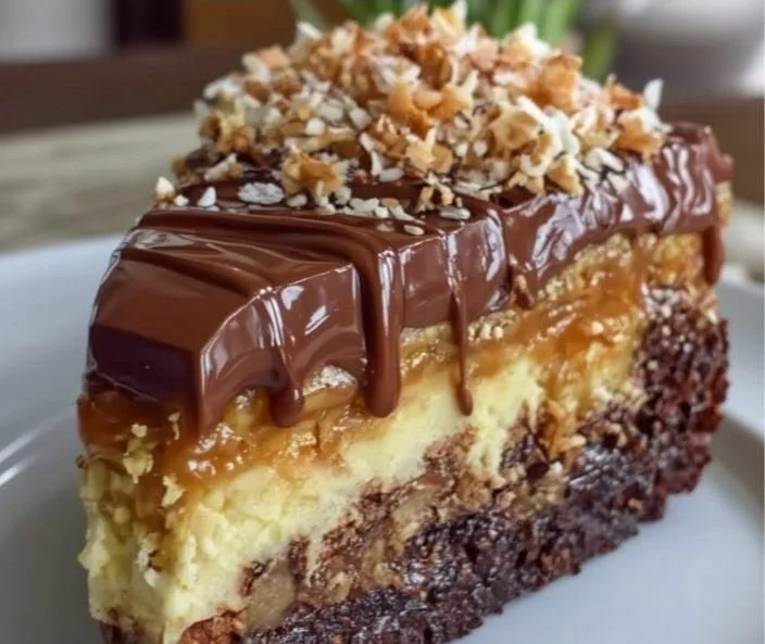 Delicious slice of German Chocolate Cheesecake topped with coconut and pecans