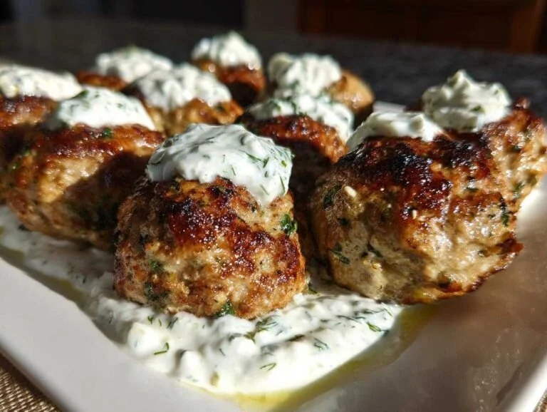 Plate of flavorful Greek Chicken Meatballs garnished with herbs.