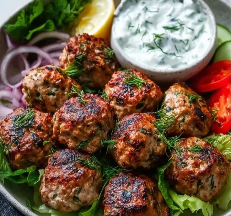 Plate of delicious Greek turkey meatballs served with tzatziki sauce.