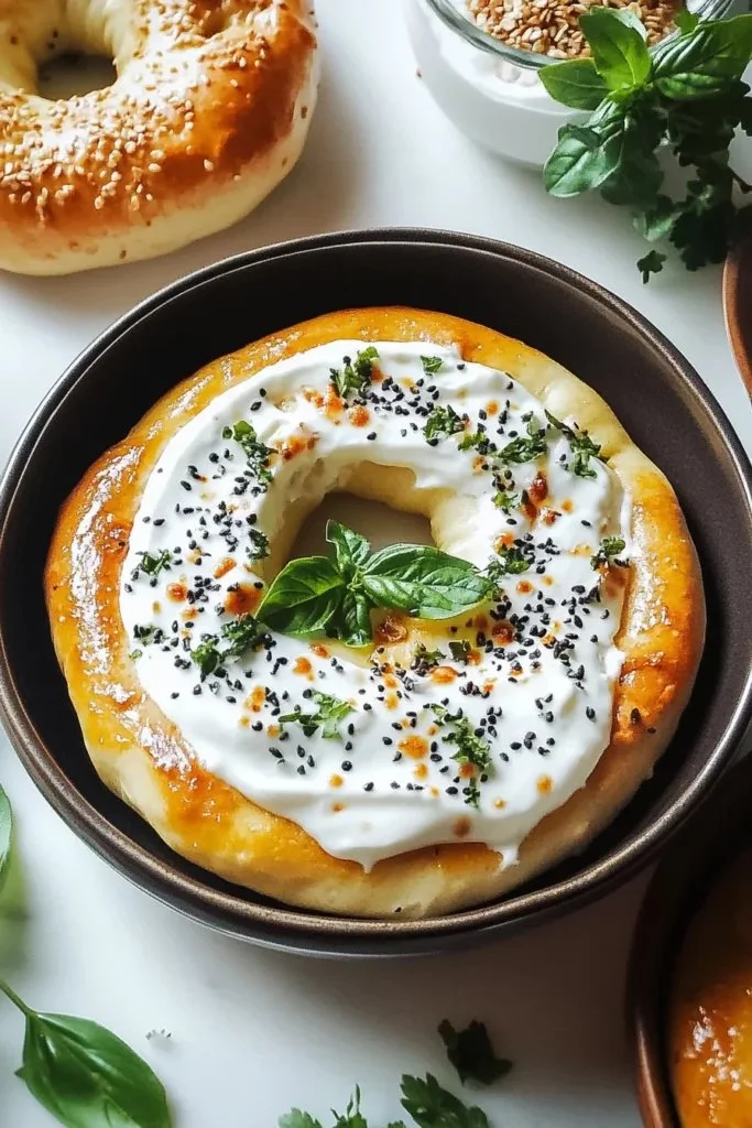 Freshly baked Greek Yogurt Bagels on a wooden cutting board.