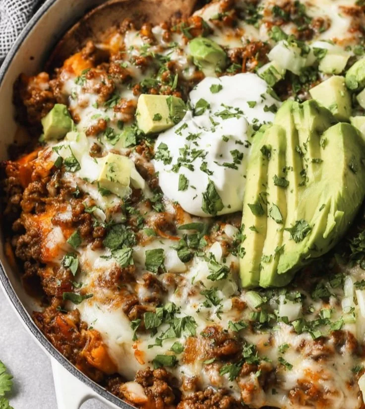 Ground Beef Enchilada Skillet served in a colorful dish