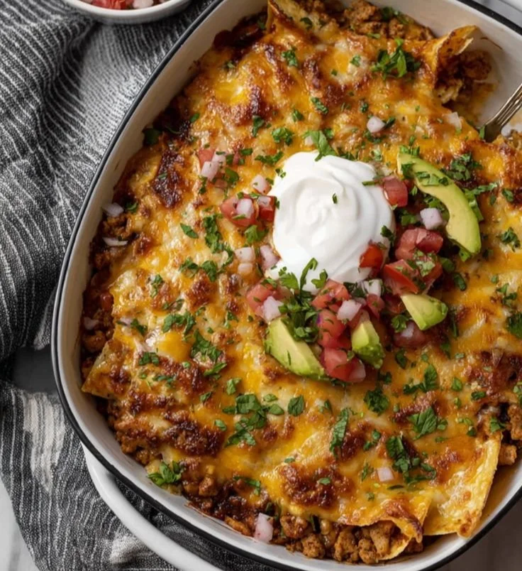 Ground Chicken Taco Casserole topped with cheese and fresh toppings