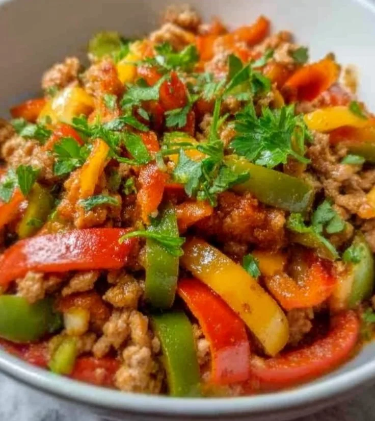 Ground turkey stir-fry with colorful peppers in a skillet