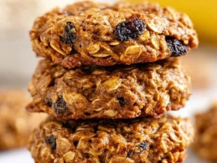 Healthy banana oatmeal cookies on a plate with oats and bananas in the background