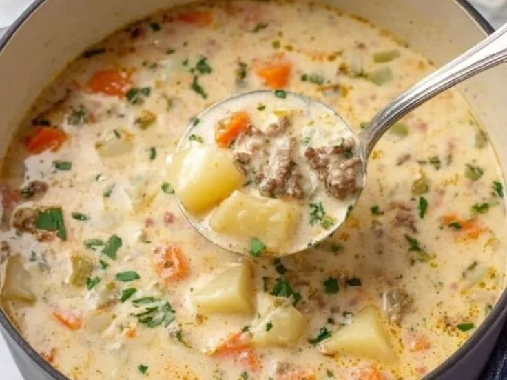 Bowl of healthy cheeseburger soup topped with cheese and herbs