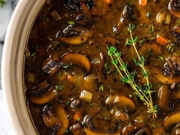 A bowl of healthy mushroom soup garnished with fresh herbs