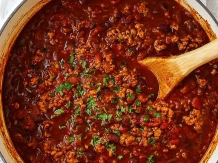 Healthy turkey chili in a bowl garnished with fresh herbs