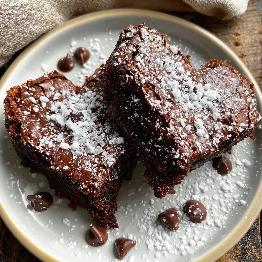Delicious heart-shaped brownies decorated with icing on a wooden table
