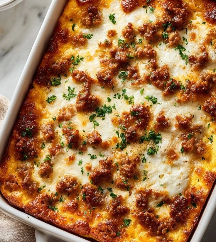 Delicious hearty breakfast casserole with eggs, cheese, and vegetables
