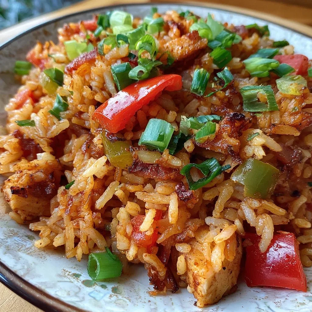 Bowl of hearty spicy Cajun Jailhouse Rice with colorful vegetables and spices