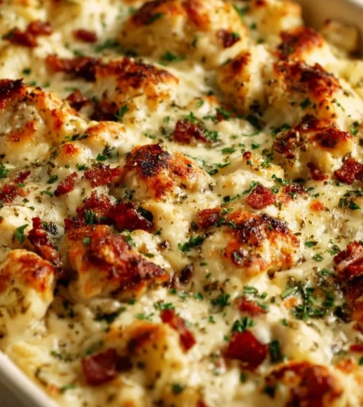 High protein chicken bake dish served with vegetables