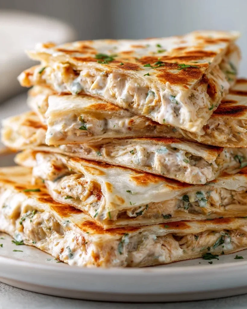 High Protein Chicken Ranch Quesadilla with melted cheese and fresh ingredients