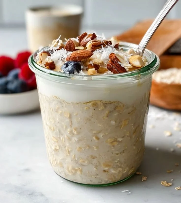 Bowl of high-protein overnight oats topped with fresh fruits and nuts