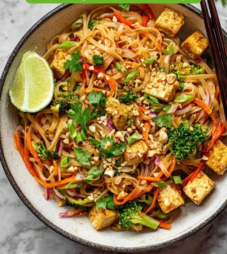 High protein tofu pad thai garnished with fresh herbs and lime.