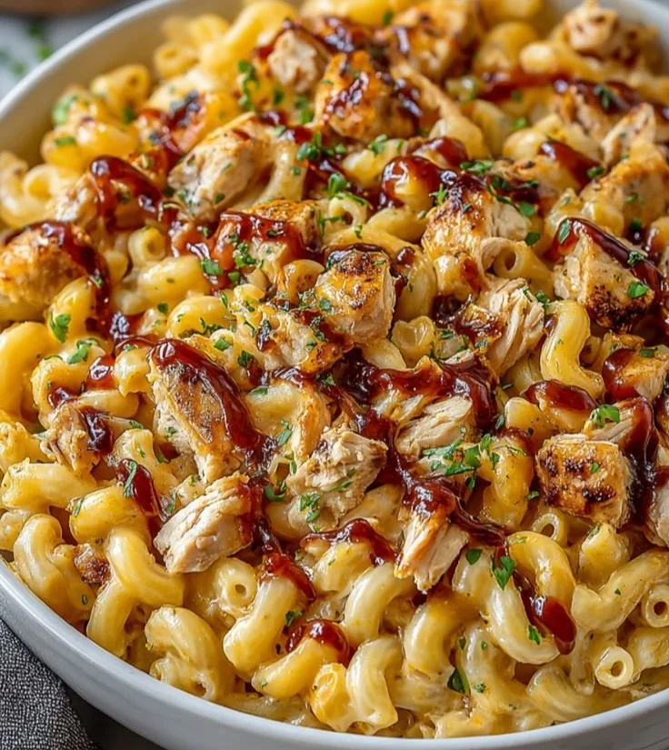 Creamy Honey BBQ Chicken Mac & Cheese topped with crispy edges and BBQ sauce