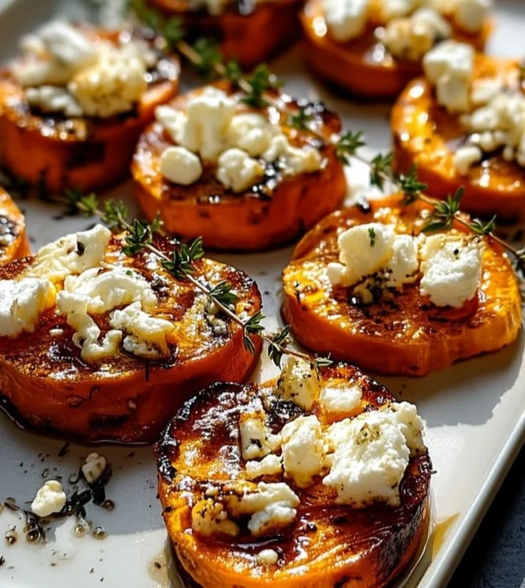 Honey feta topped sweet potato rounds served on a platter