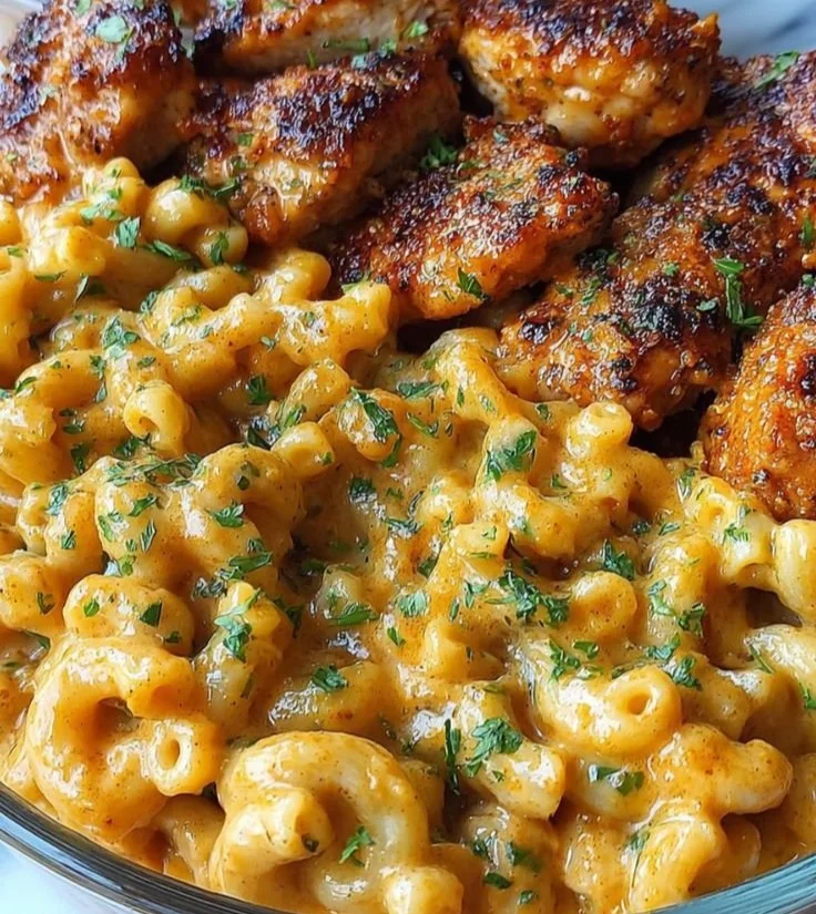 Delicious Honey Garlic Butter Chicken served with creamy mac and cheese