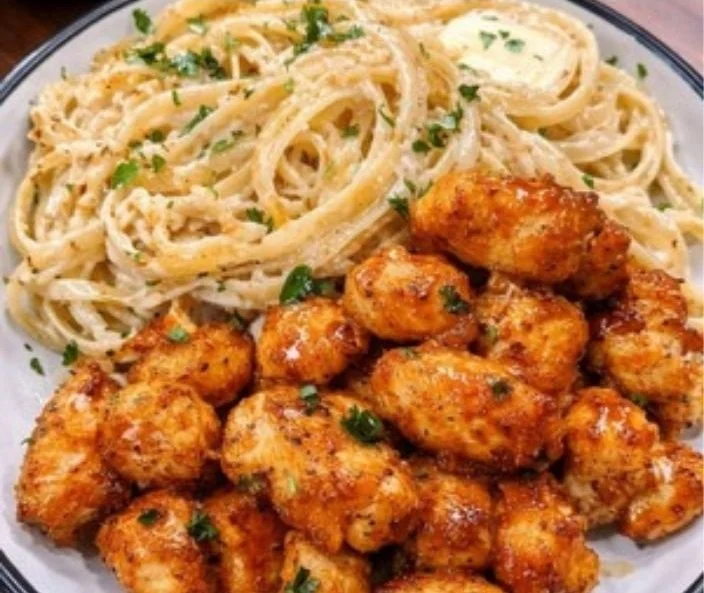 Honey Pepper Chicken served with creamy garlic butter pasta