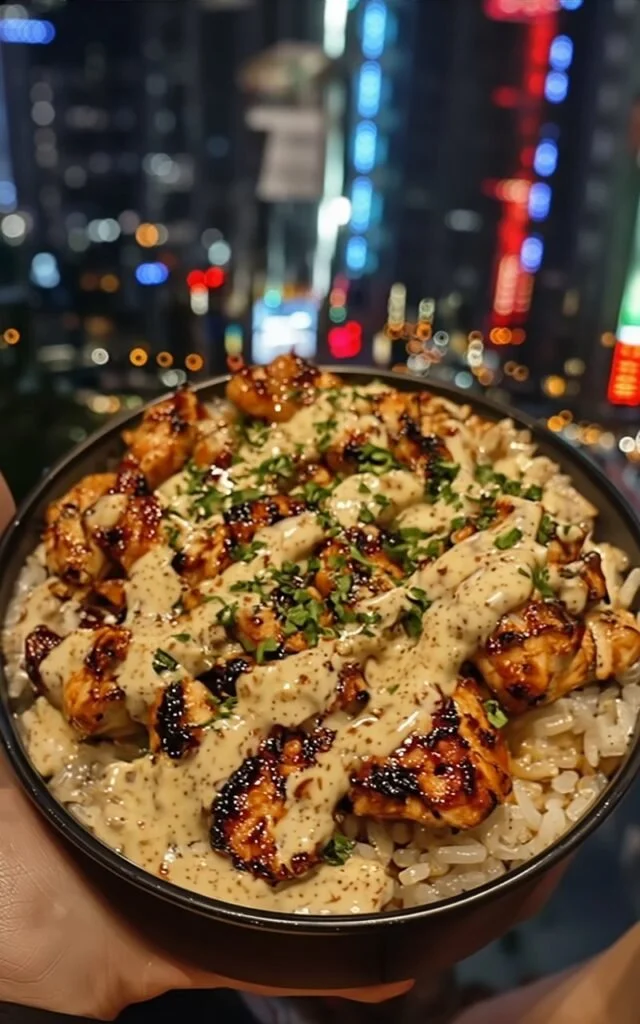 Honey Sriracha Chicken rice bowl with vegetables and garnishes