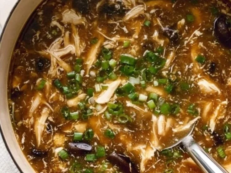 Hot and Sour Soup with Chicken and Mushrooms garnished with herbs and spices