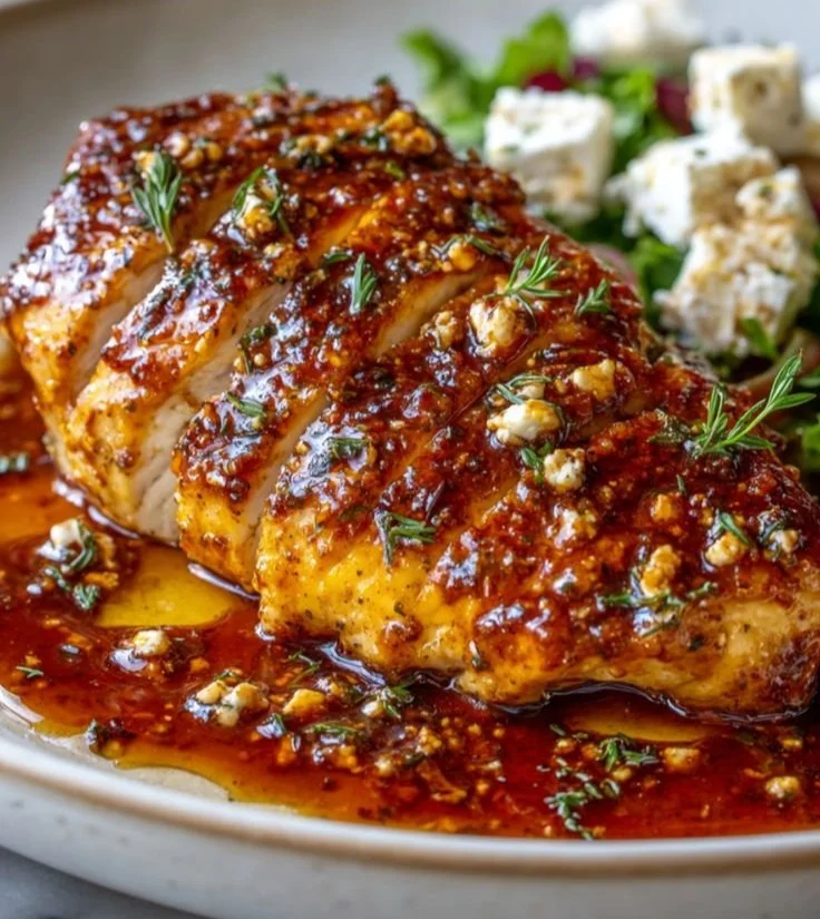 Delicious Hot Honey Feta Chicken served with fresh herbs and side dishes