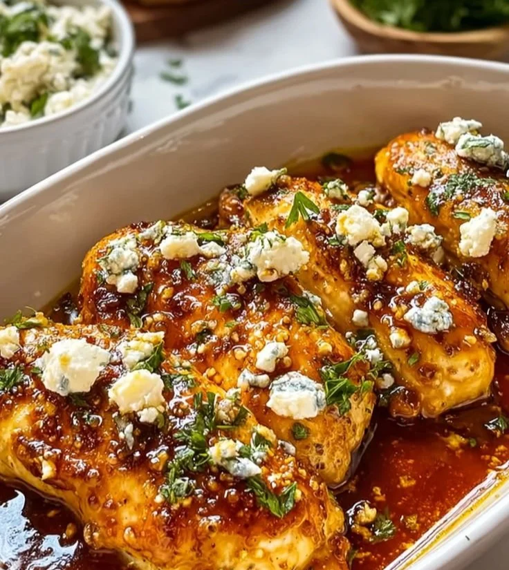 Hot Honey Feta Chicken cooked and garnished with herbs on a plate